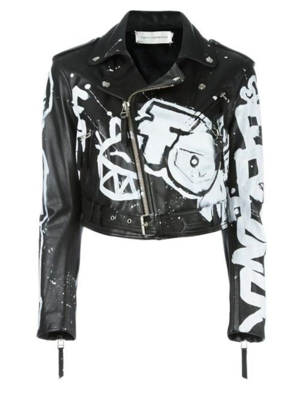 Faith Connexion Black Cropped Leather Graffiti Biker Jacket,Size 38 Retail $2550